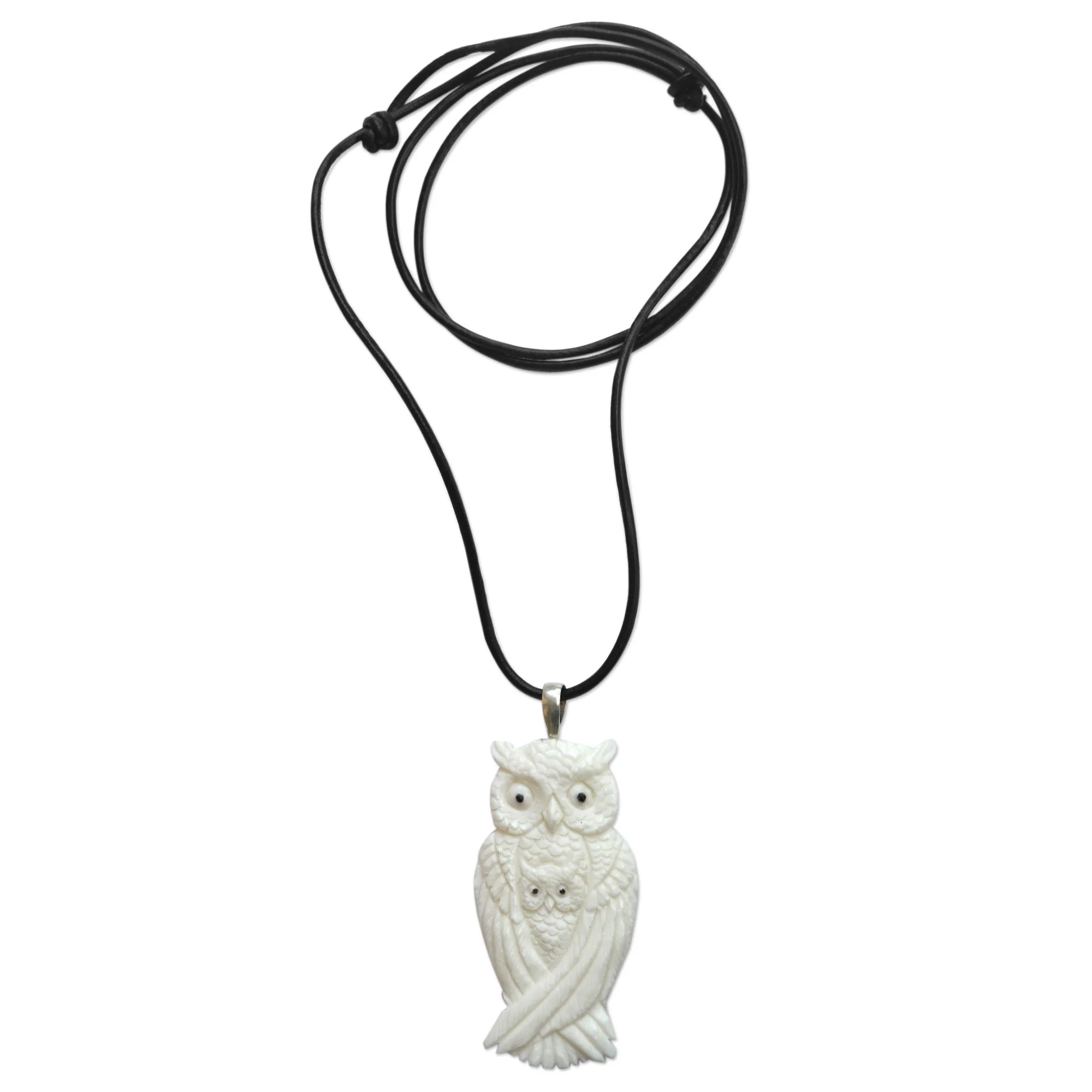 White Owl Family Adjustable Carved Bone Pendant Necklace - Image 2
