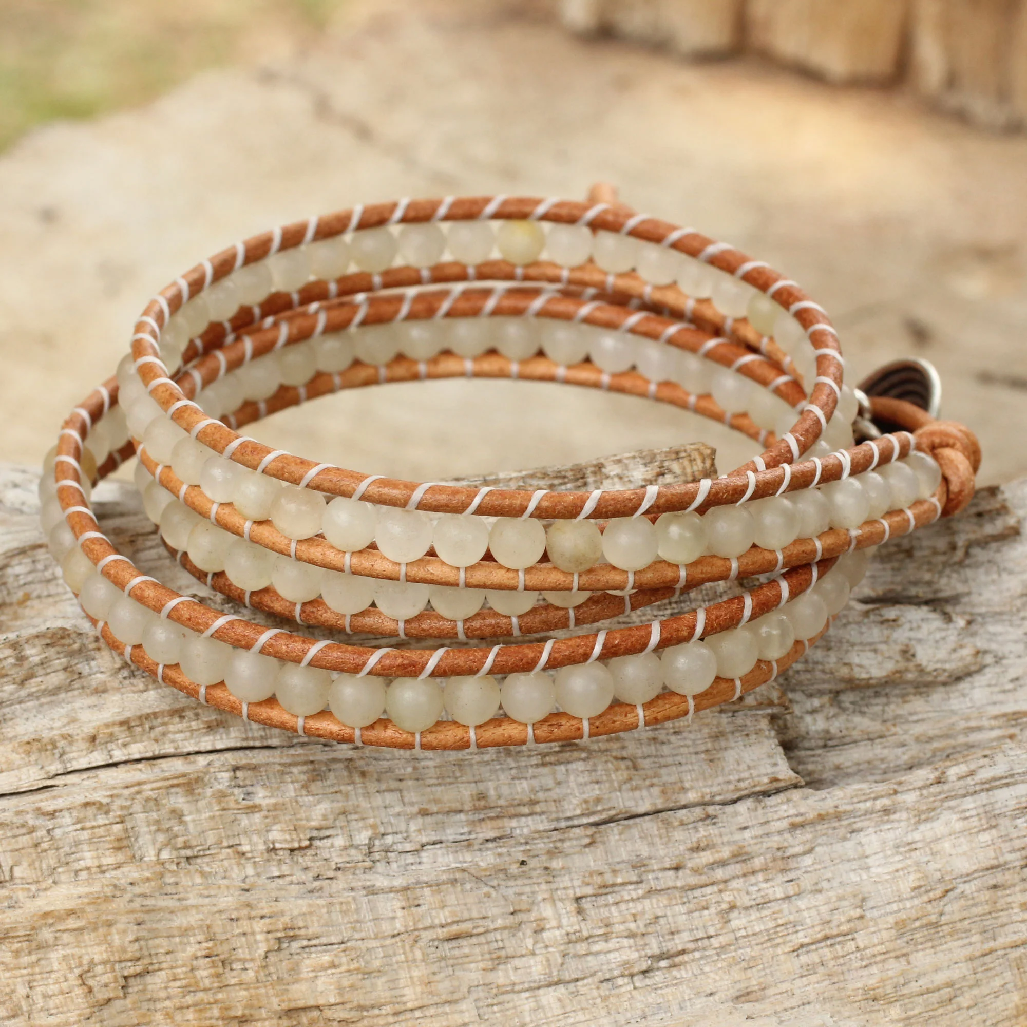 White Sky White Quartz and Leather Wrap Bracelet with 950 Silver - Image 3