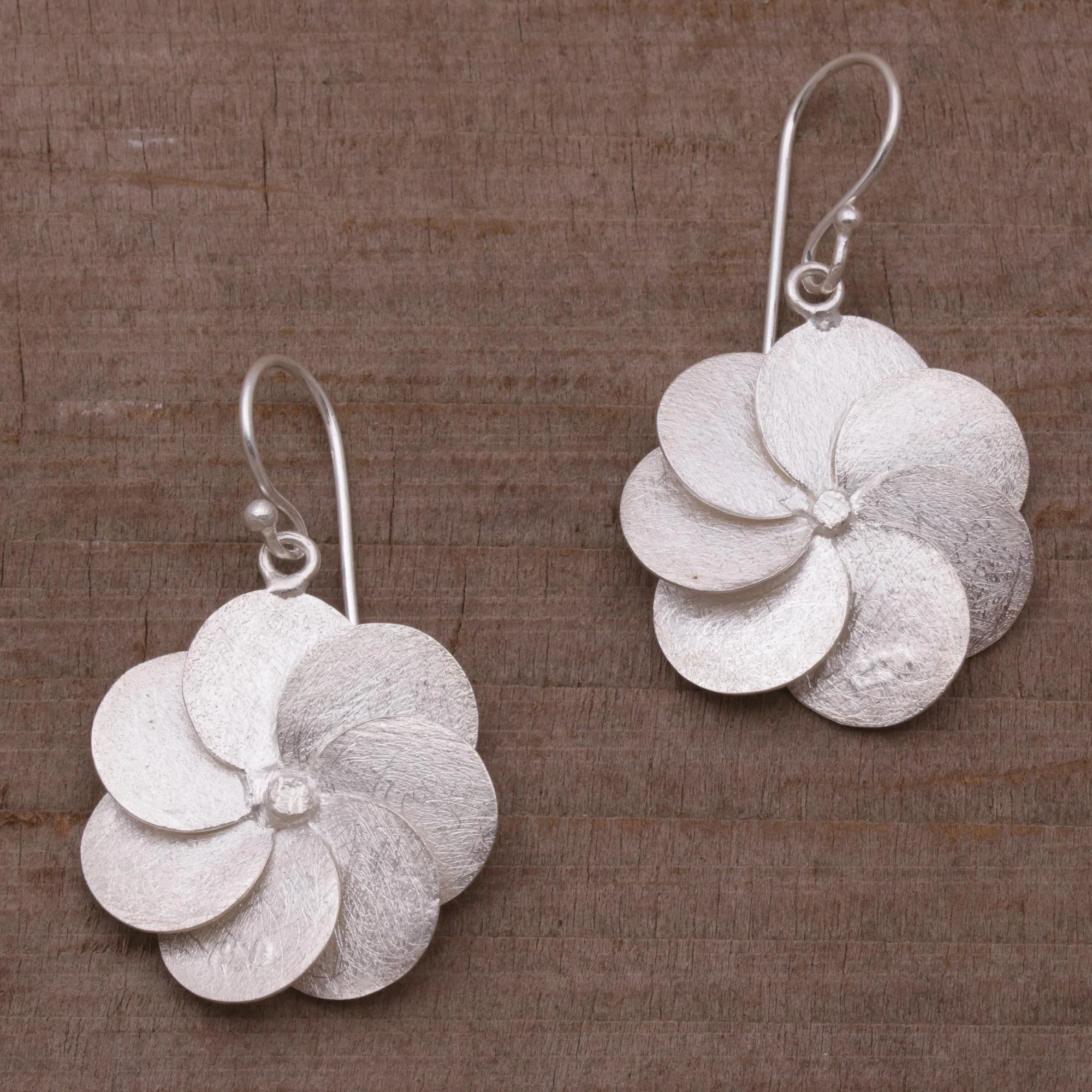 Windmill Flowers Sterling Silver Floral Dangle Earrings from Bali - Image 4