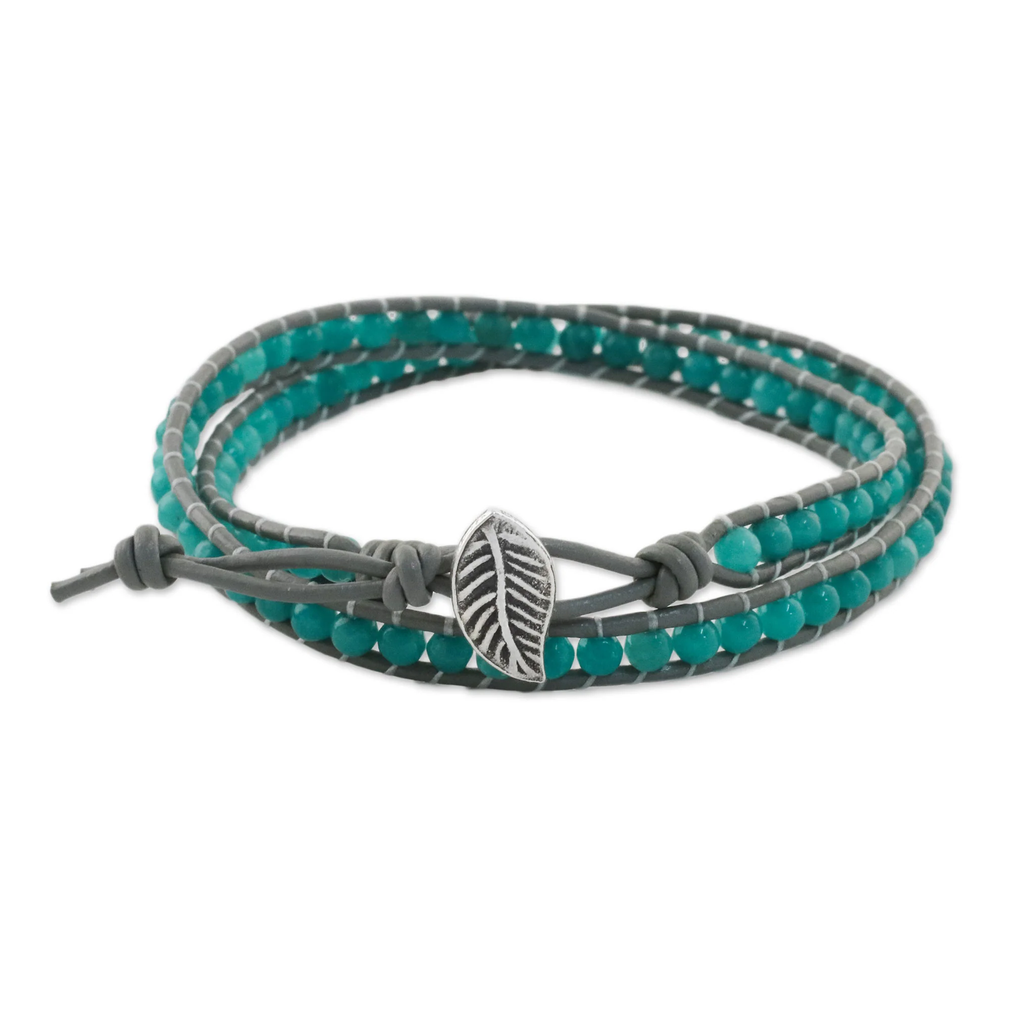 Window Glass Aqua Blue Quartz and Karen Silver Beaded Wrap Bracelet - Image 2
