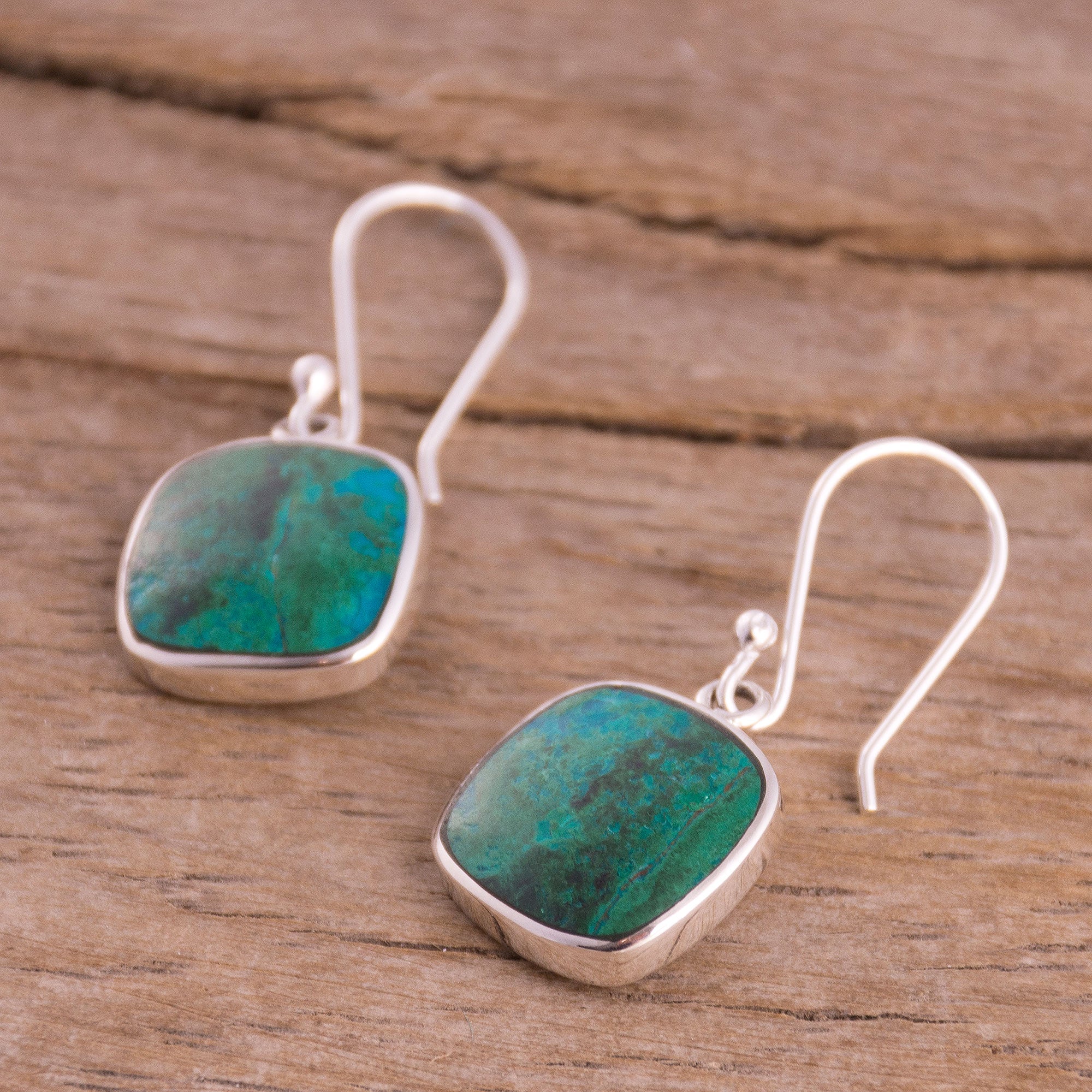 Window Square Chrysocolla Dangle Earrings from Peru - Image 3