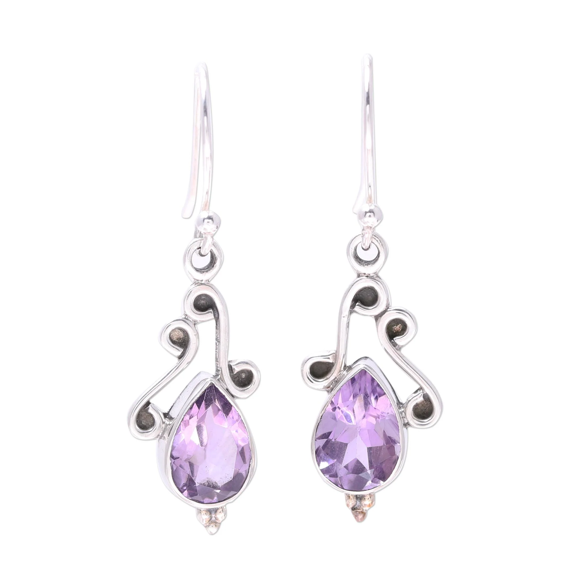 Windy Drops Swirl Motif Amethyst Dangle Earrings from India - Image 2