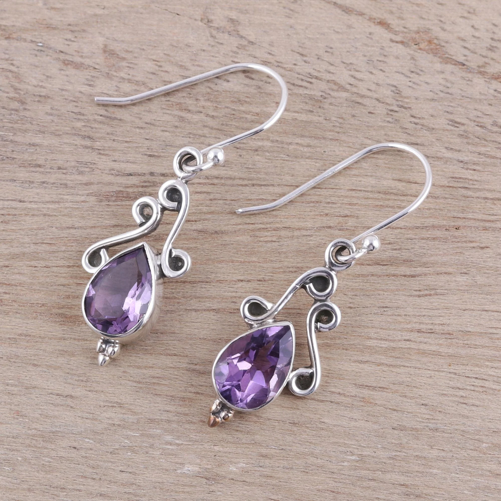 Windy Drops Swirl Motif Amethyst Dangle Earrings from India - Image 3