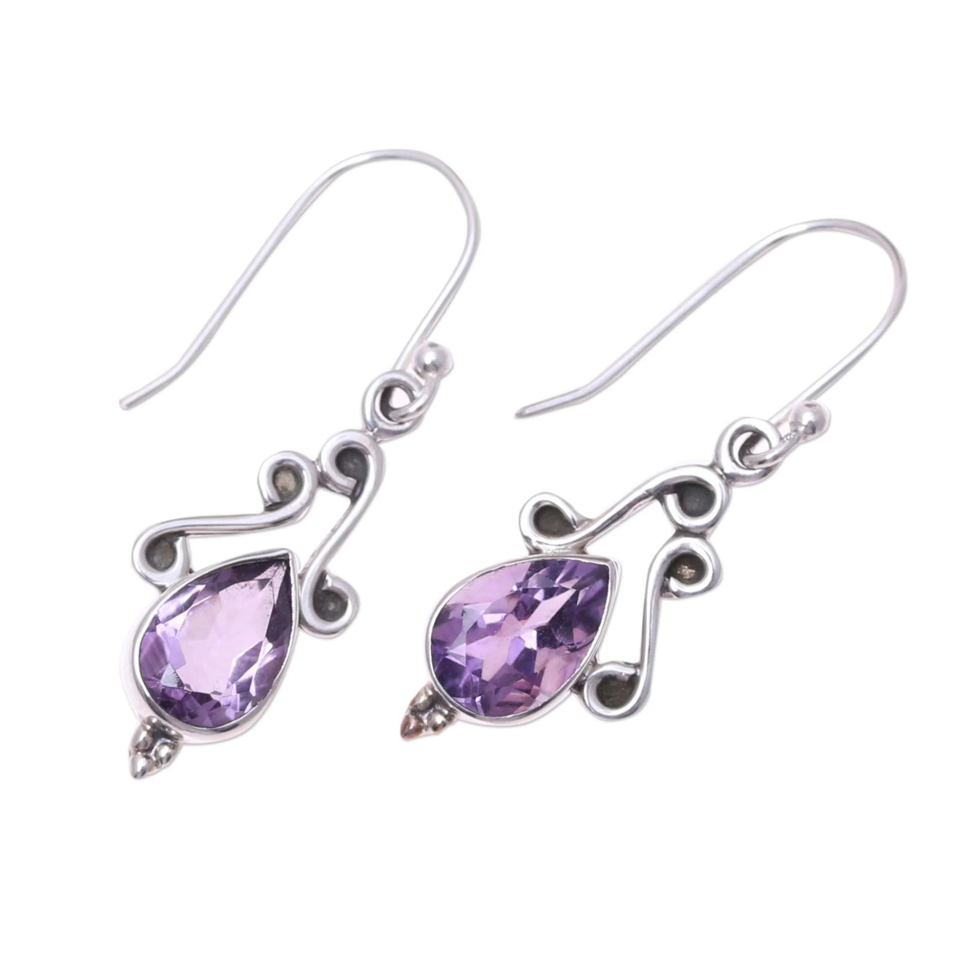 Windy Drops Swirl Motif Amethyst Dangle Earrings from India - Image 4