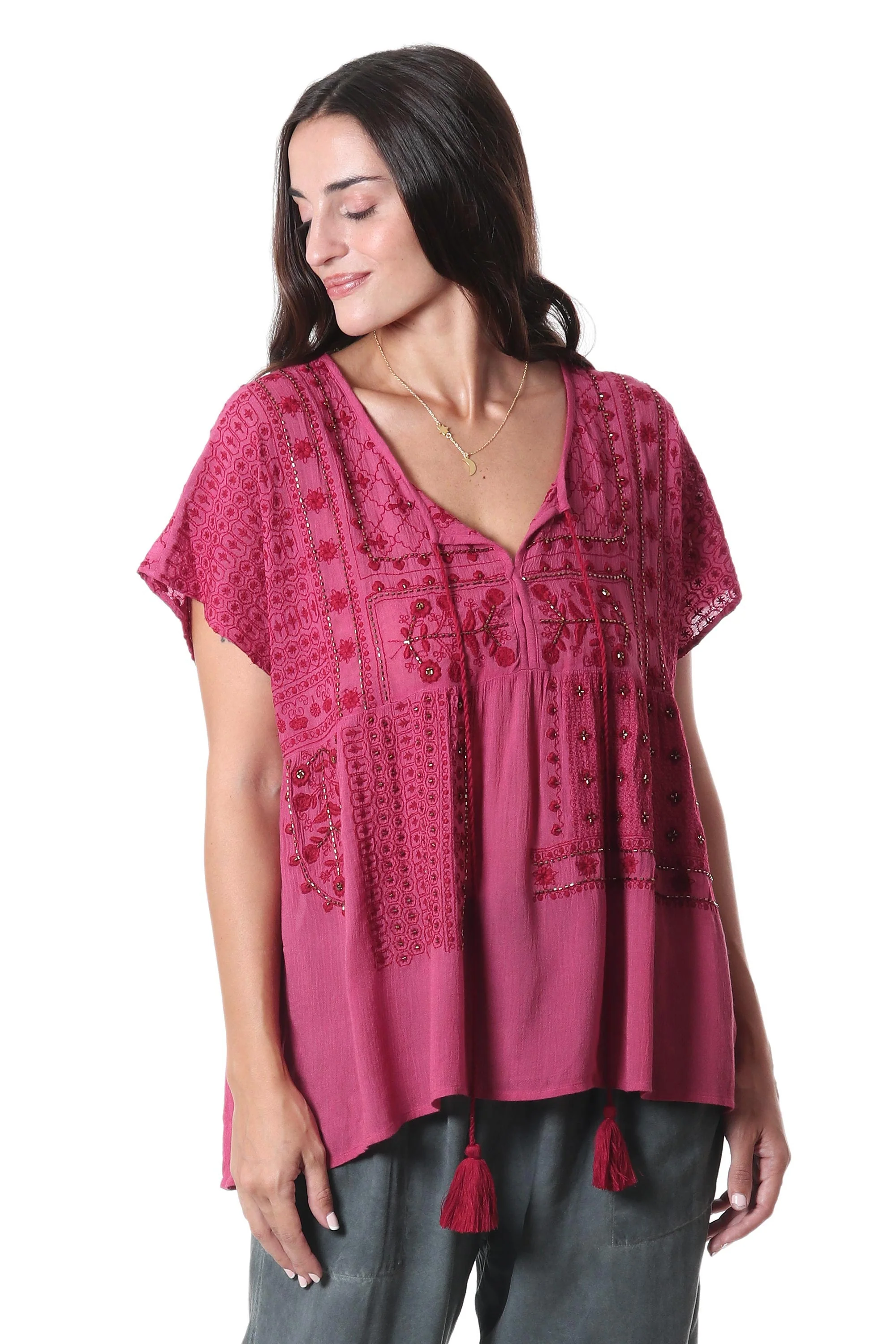 Wine Country Beaded and Embroidered Viscose Blouse - Image 5