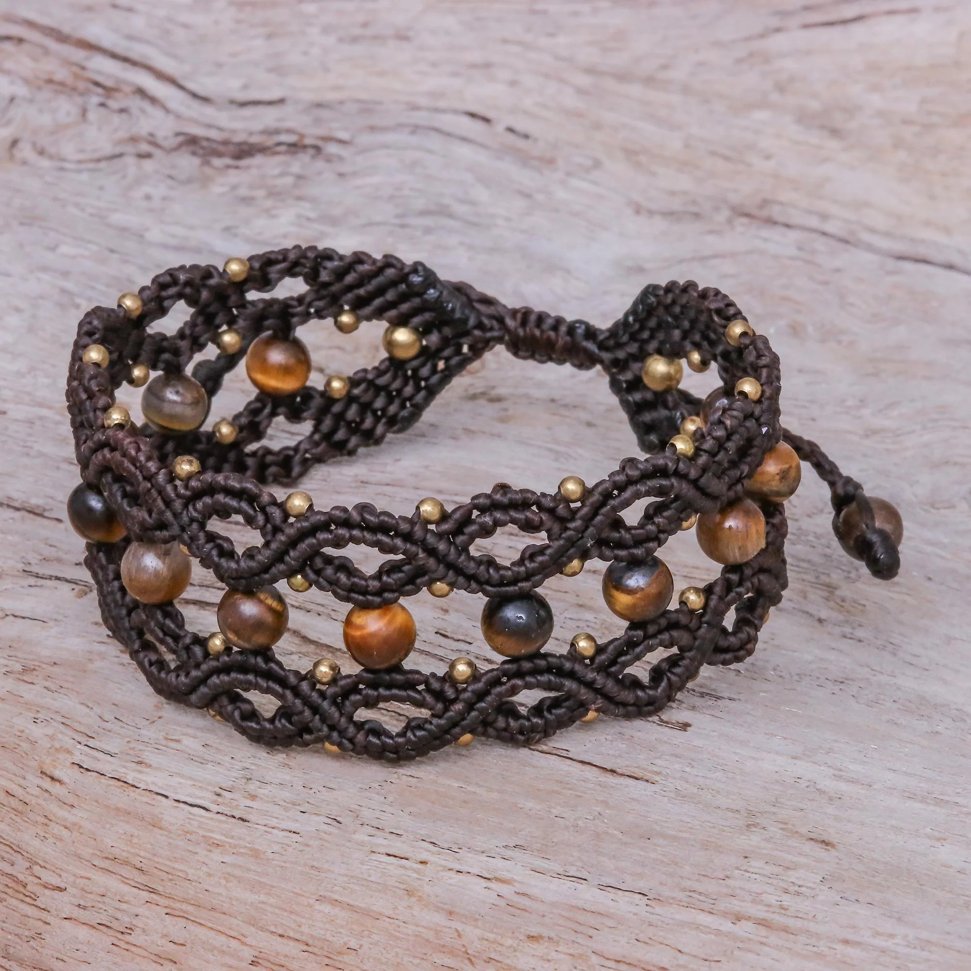Winsome Earth Tiger's Eye and Brass Beaded Macrame Bracelet - Image 4