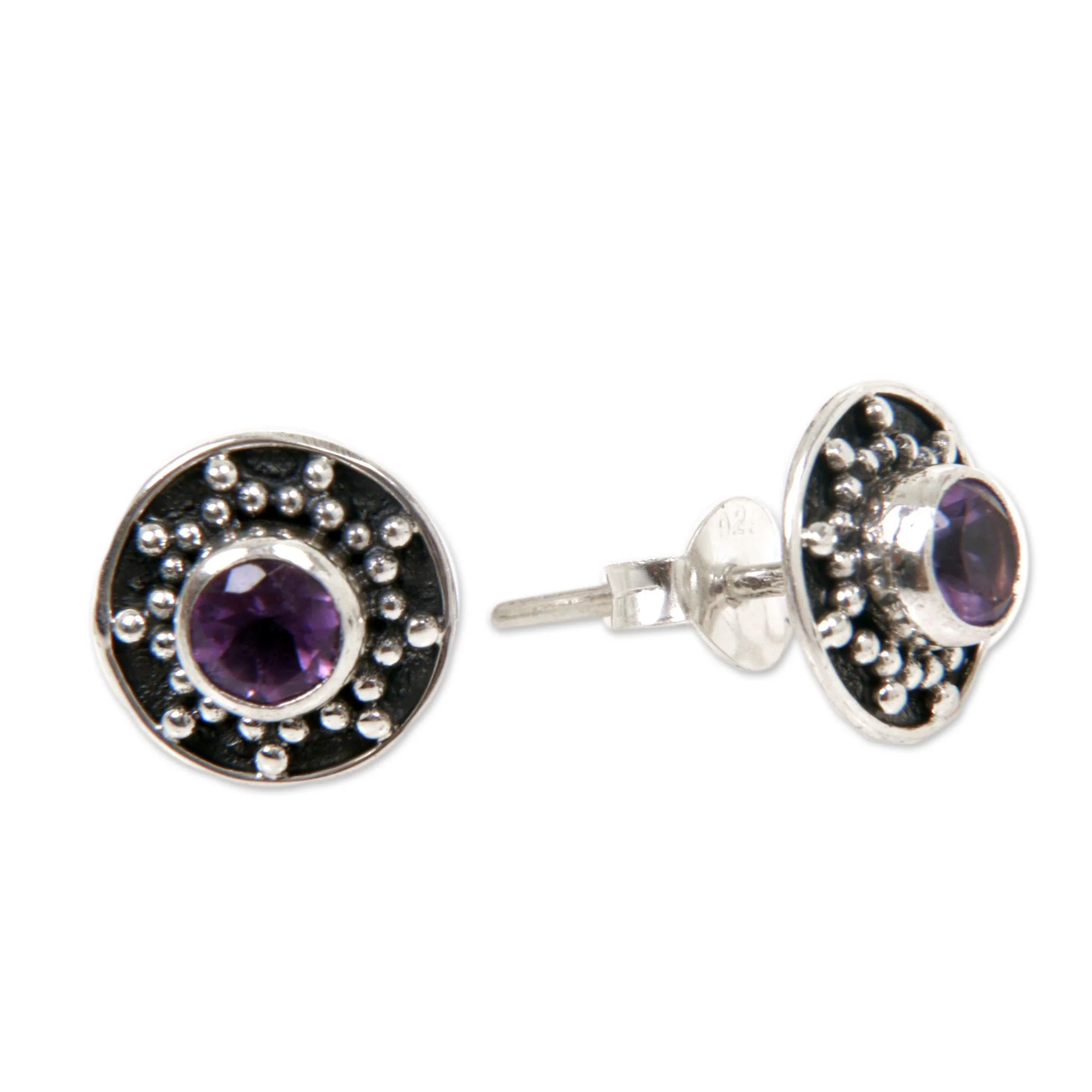 Winter Halo Amethyst and Sterling Silver Stud Earrings from Bali - Image 2