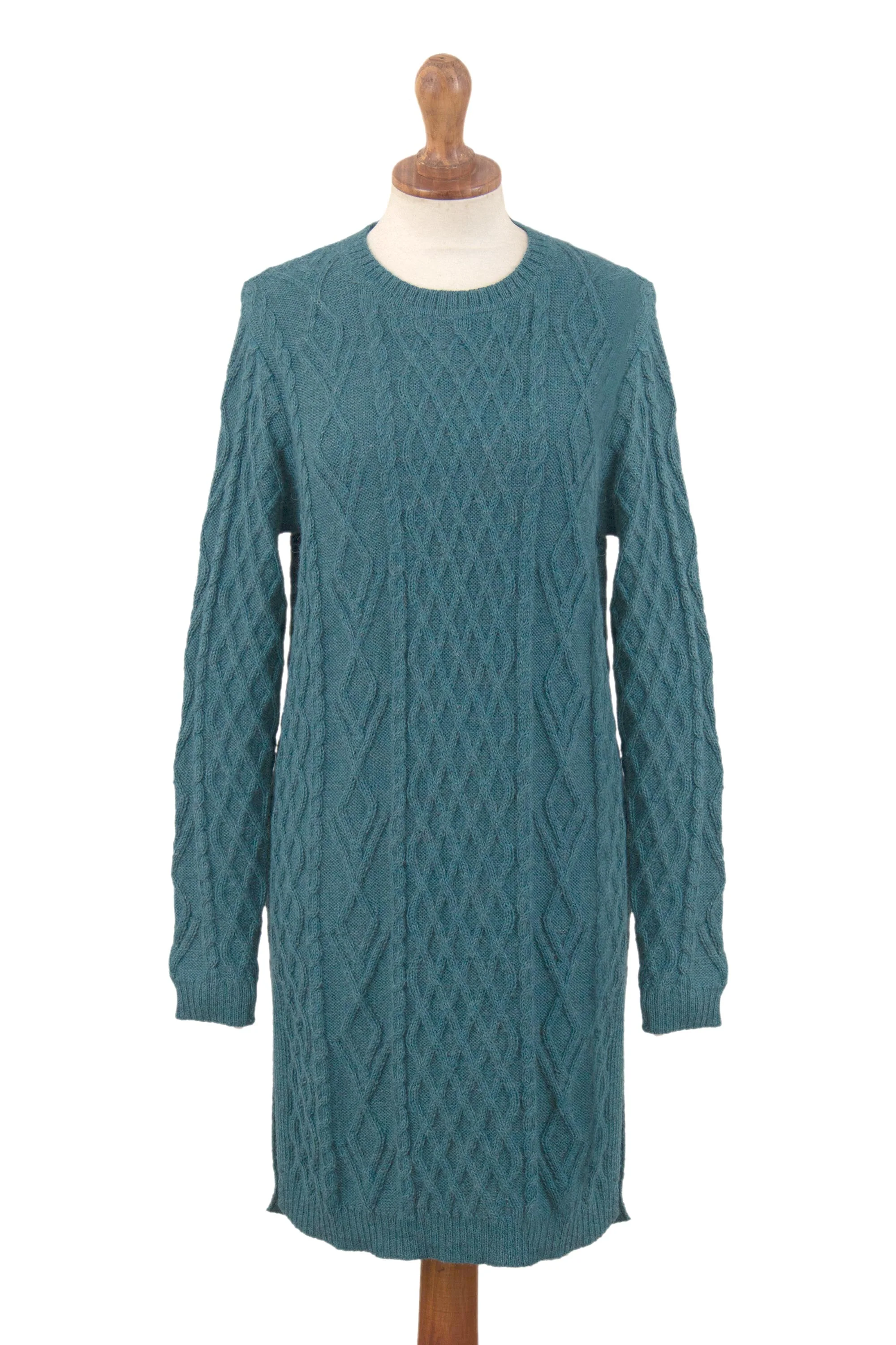 Winter Teal Baby Alpaca Teal Cable Knit Tunic Sweater Dress - Image 2