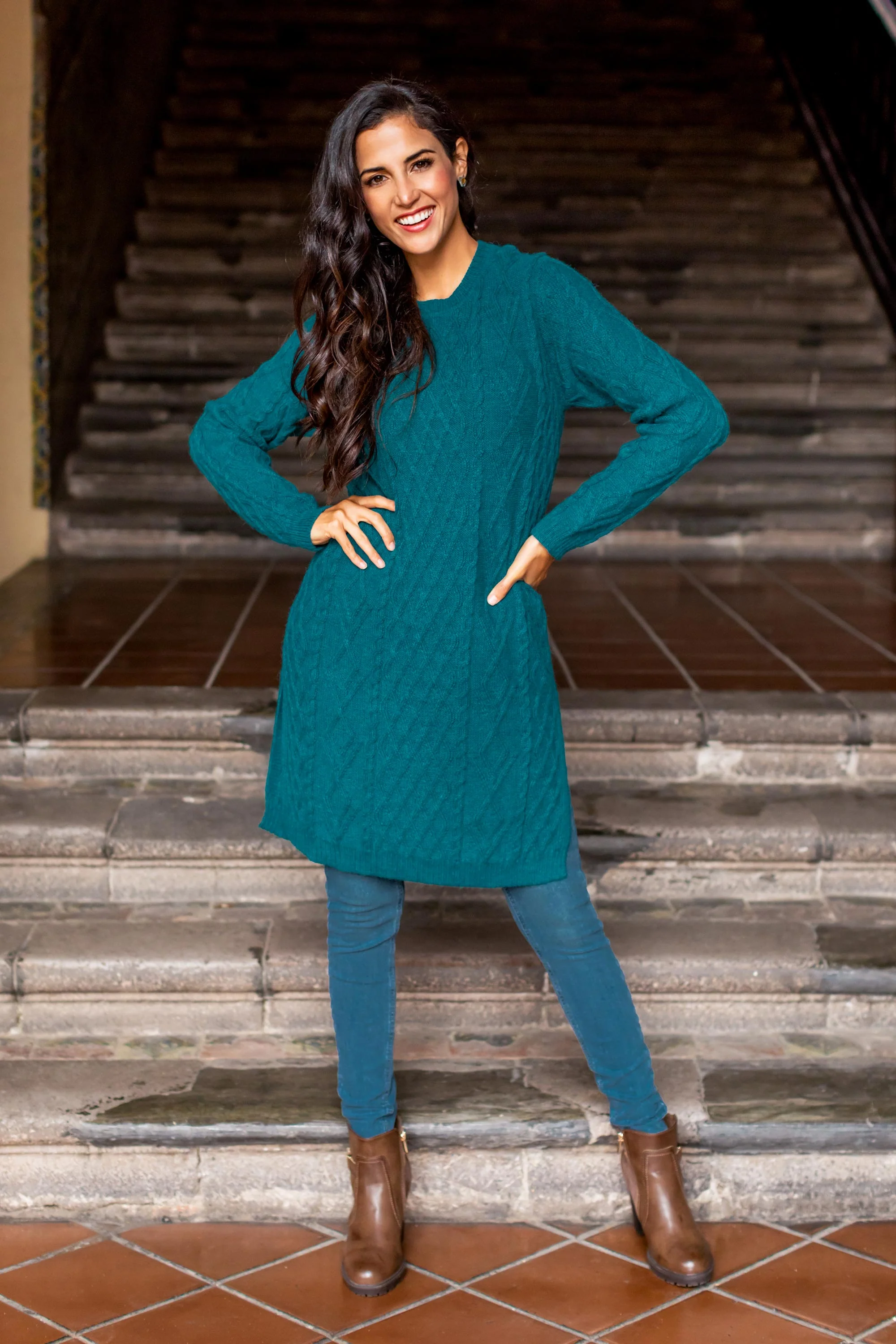 Winter Teal Baby Alpaca Teal Cable Knit Tunic Sweater Dress - Image 3