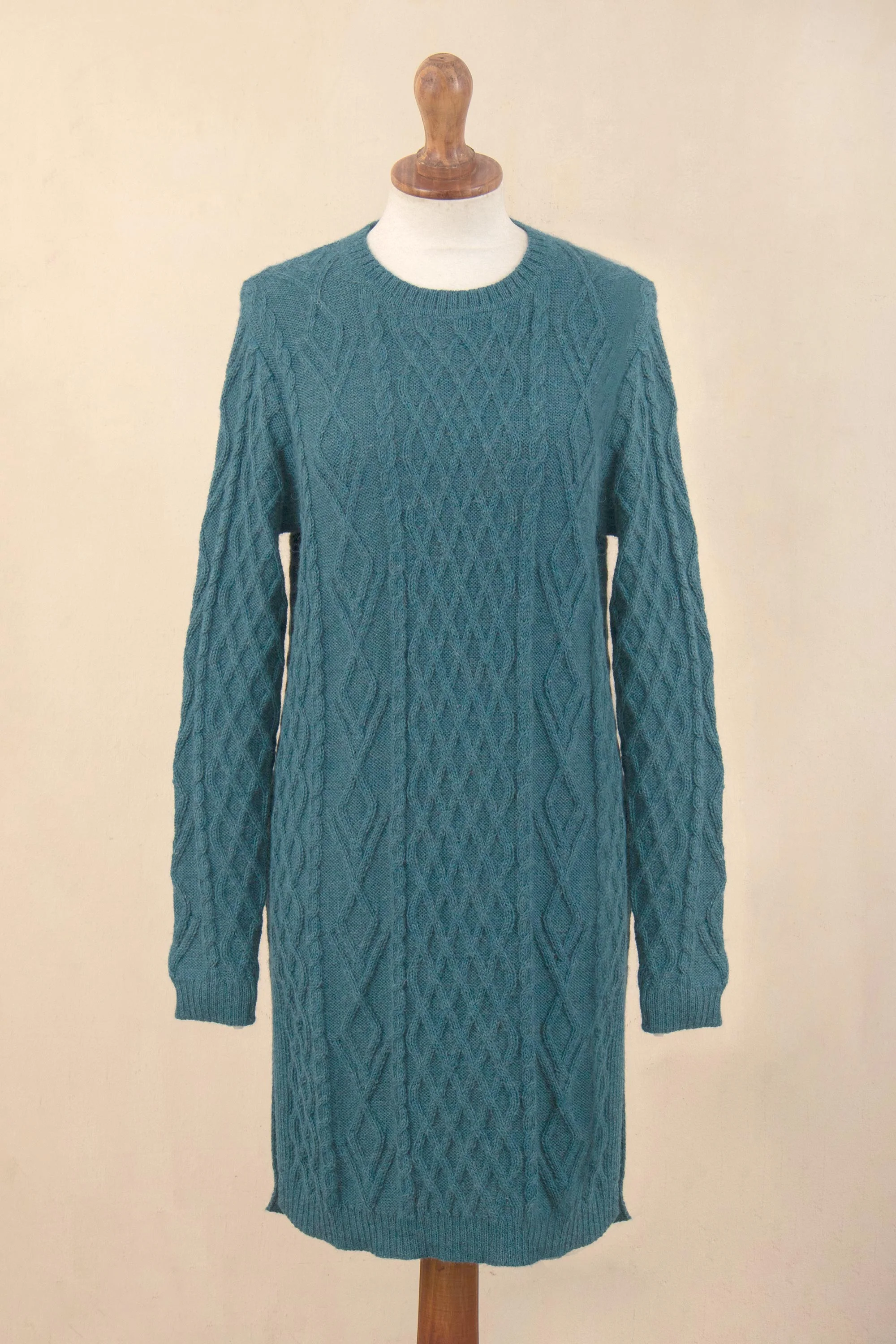 Winter Teal Baby Alpaca Teal Cable Knit Tunic Sweater Dress - Image 4