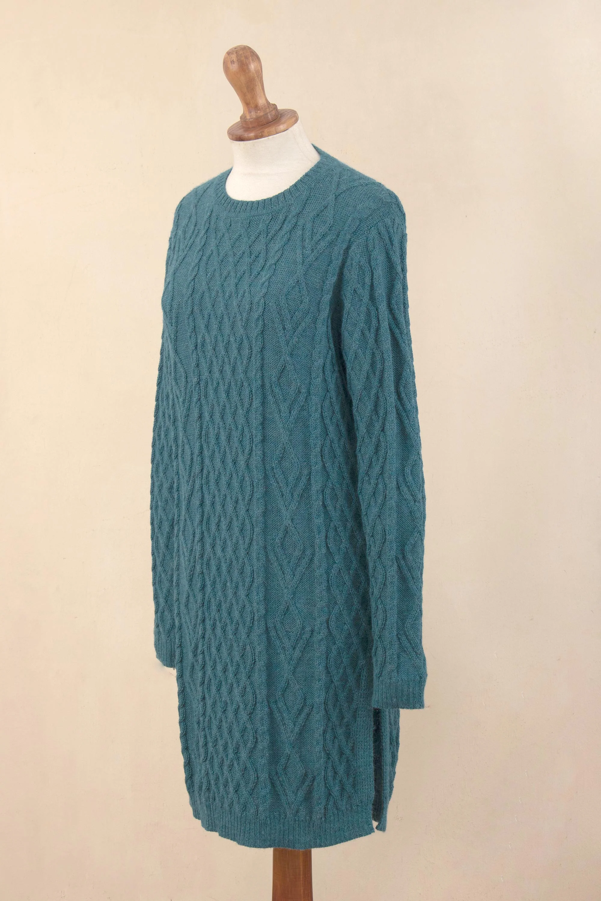 Winter Teal Baby Alpaca Teal Cable Knit Tunic Sweater Dress - Image 5