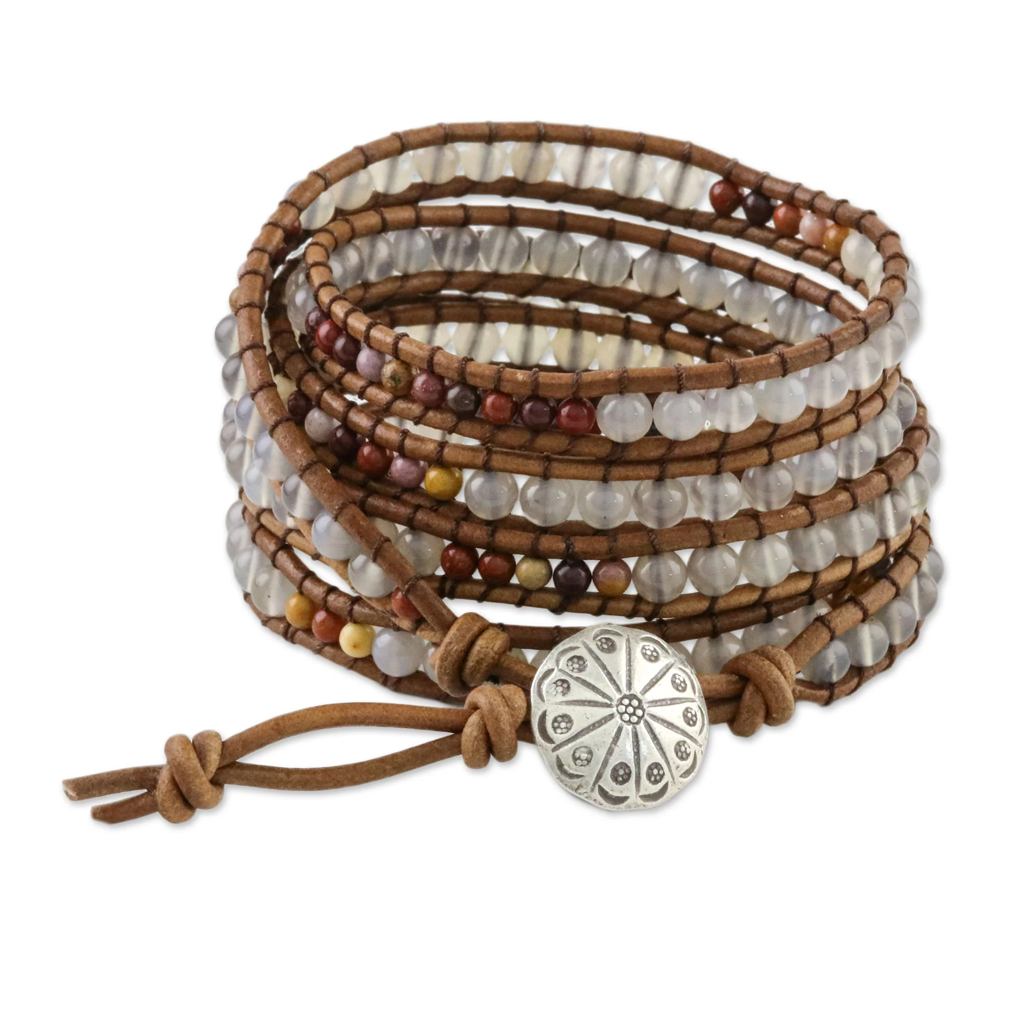 Winter Walk Chalcedony and Jasper Beaded Wrap Bracelet from Thailand - Image 2