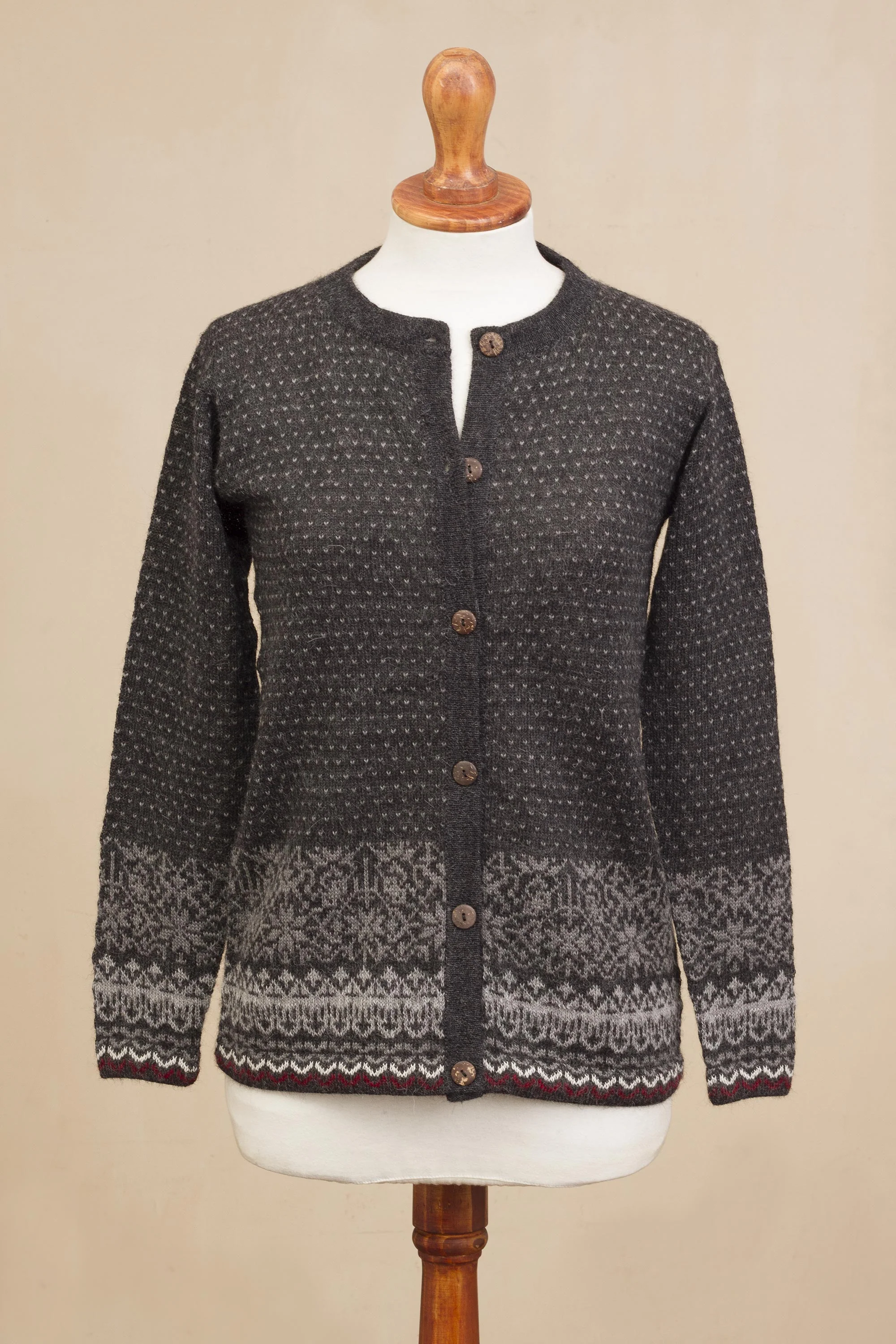 Wintry Passion Graphite and Smoke 100% Alpaca Cardigan from Peru - Image 3