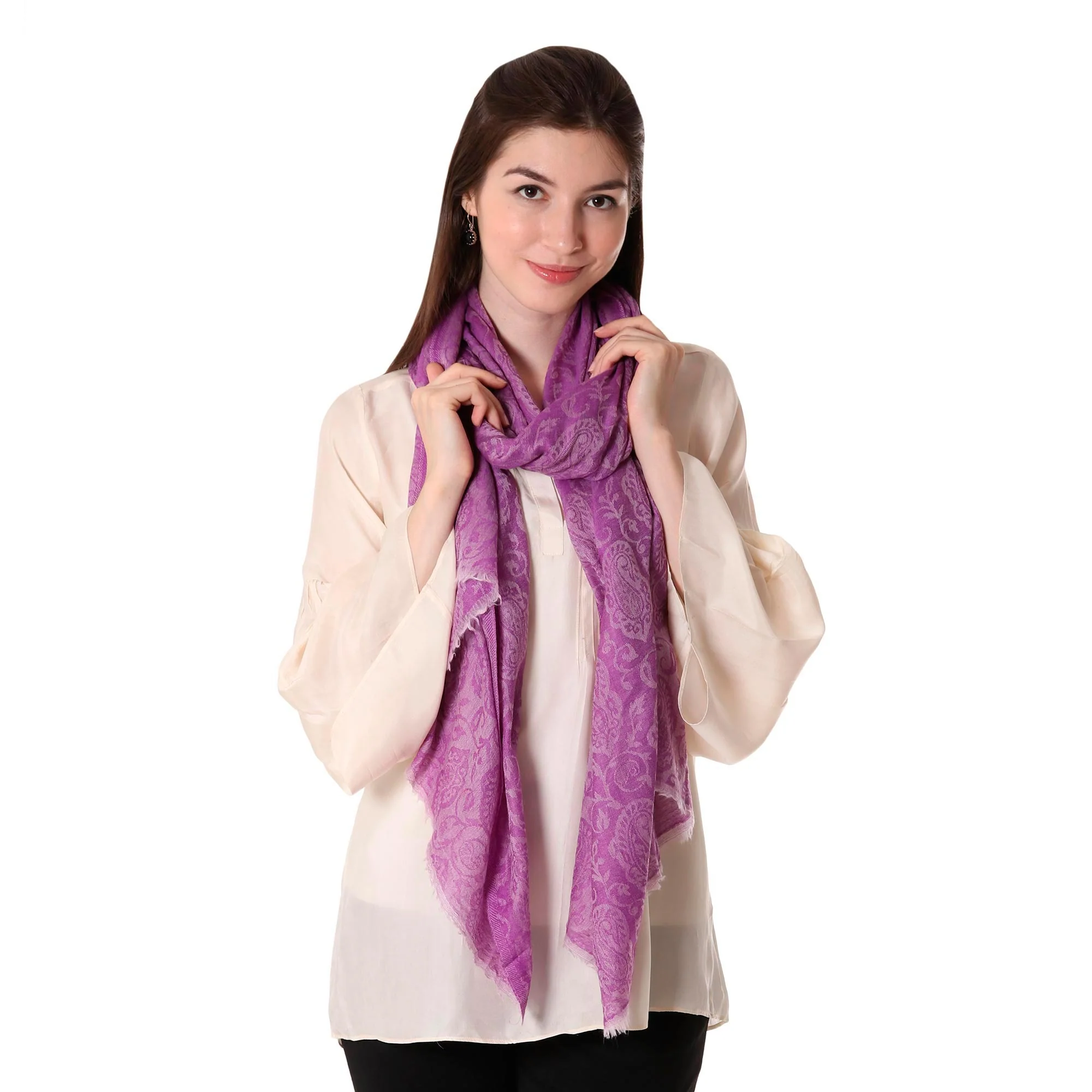Wisteria Paisley Woven Wool Shawl with Paisley Motifs in Wisteria from India - Image 2