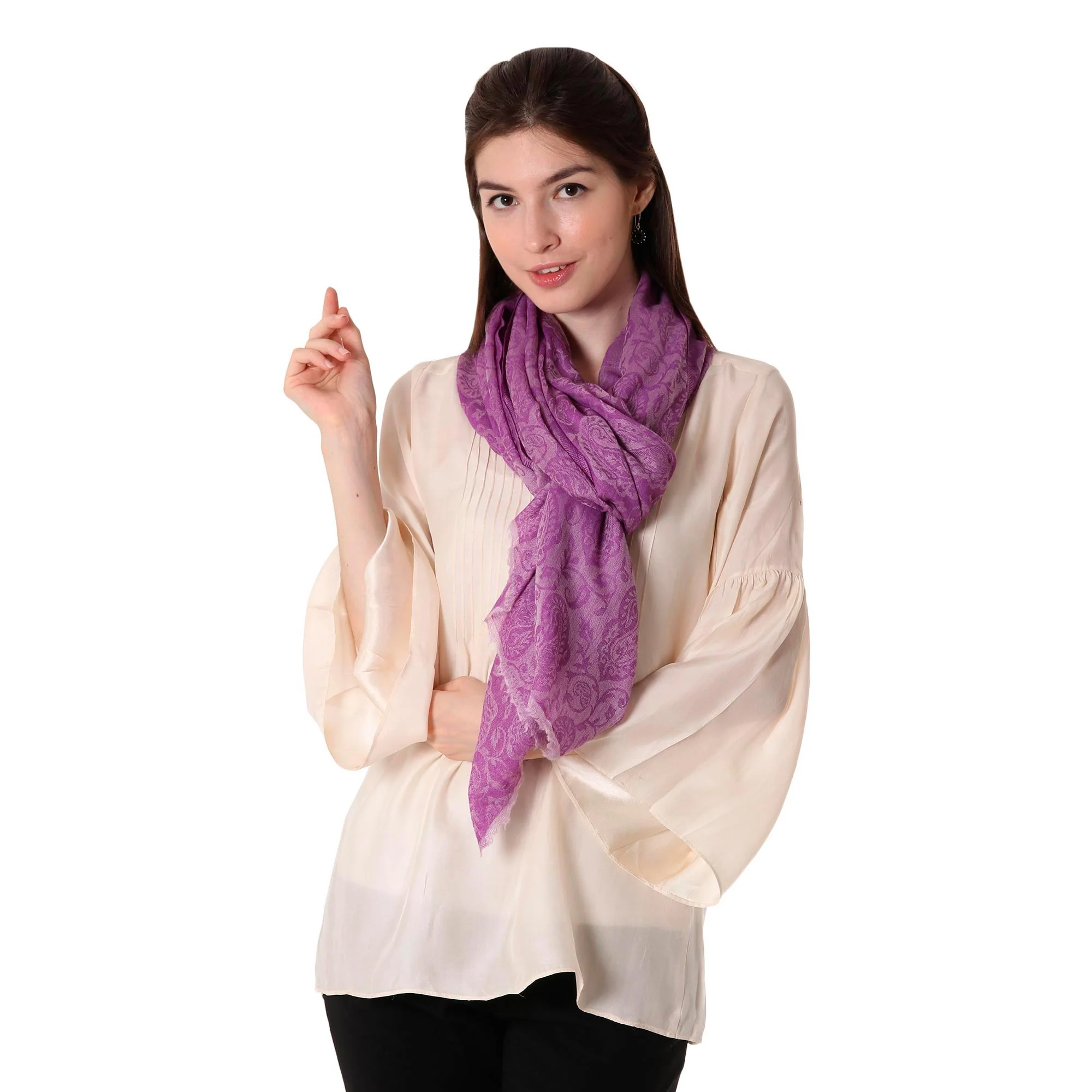 Wisteria Paisley Woven Wool Shawl with Paisley Motifs in Wisteria from India - Image 3