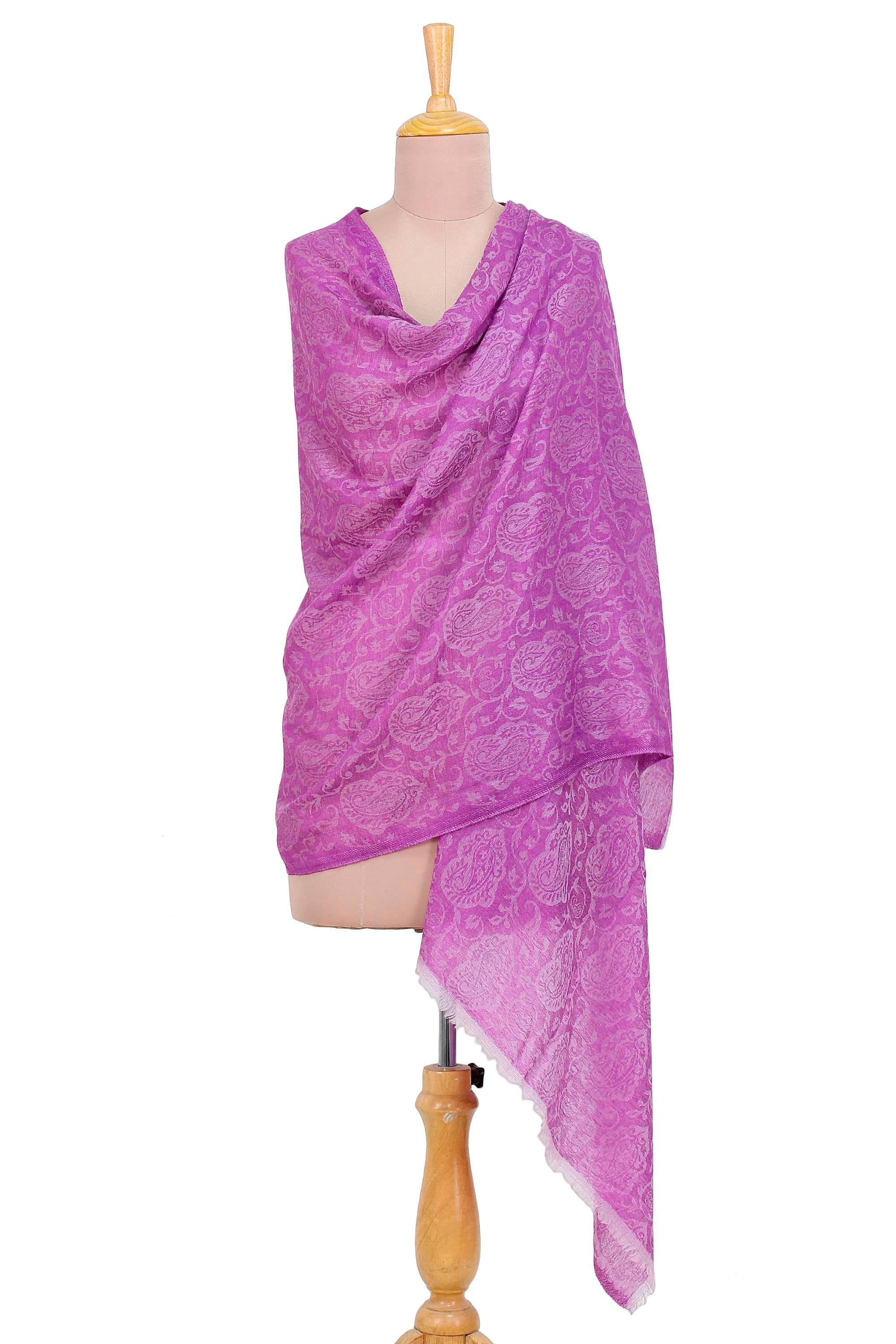 Wisteria Paisley Woven Wool Shawl with Paisley Motifs in Wisteria from India - Image 4