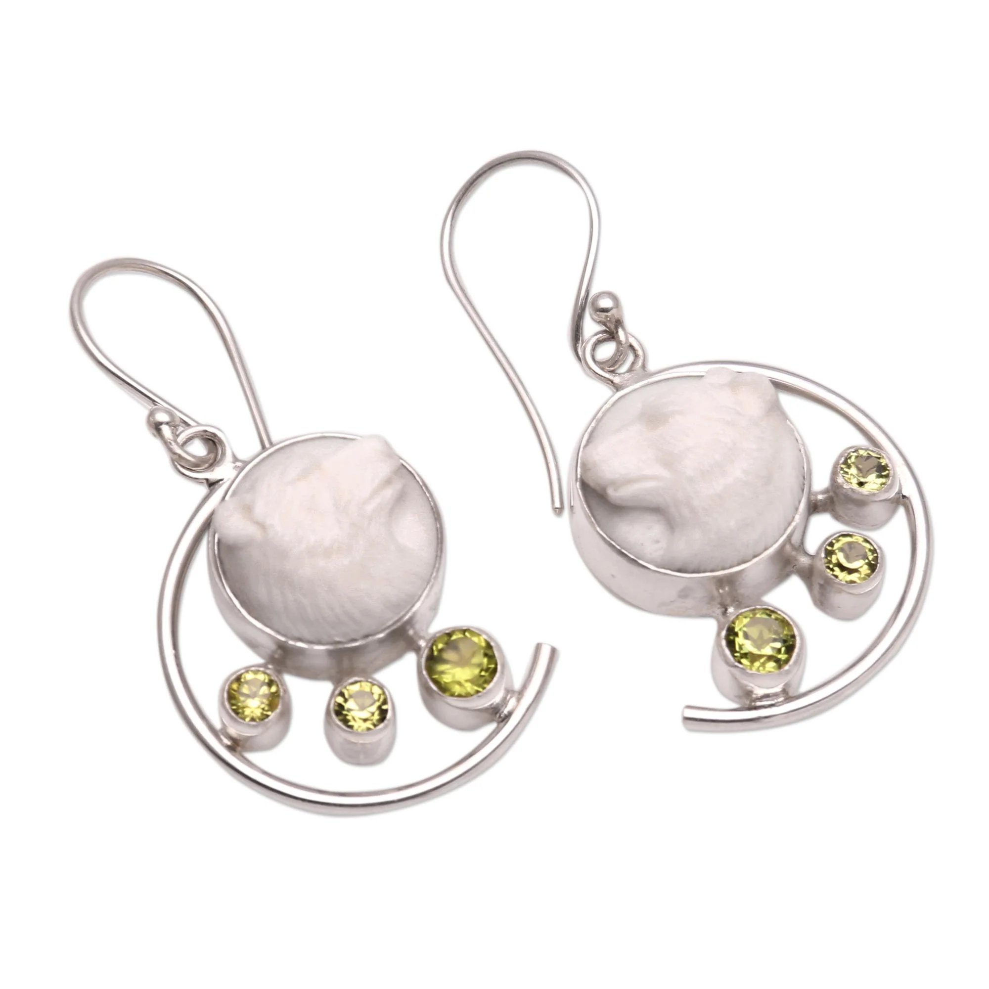 Wolf Prince Peridot and Bone Wolf Dangle Earrings from Java - Image 5