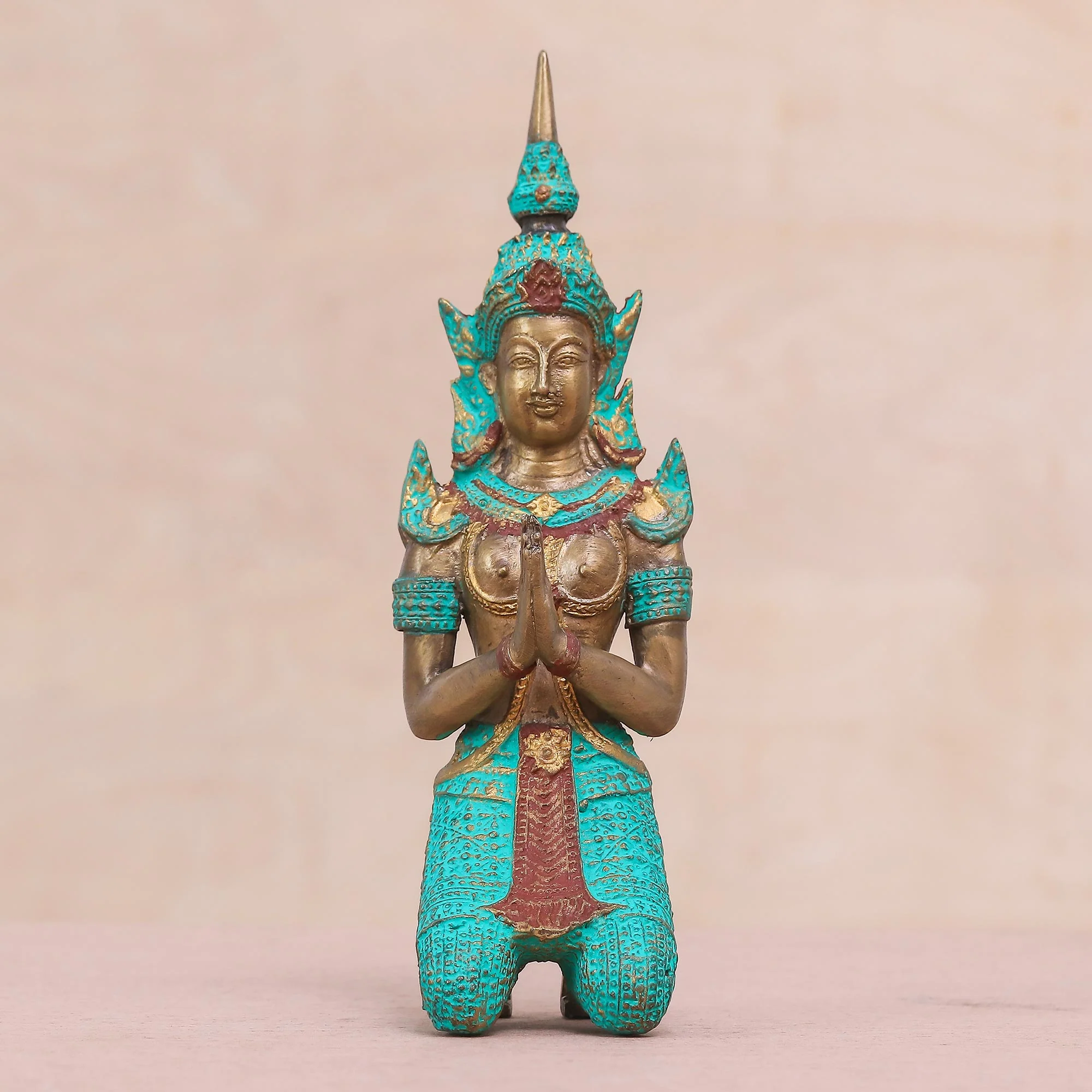 Woman Angel Greeting Thai Brass Sculpture of a Woman Buddhist Angel - Image 3