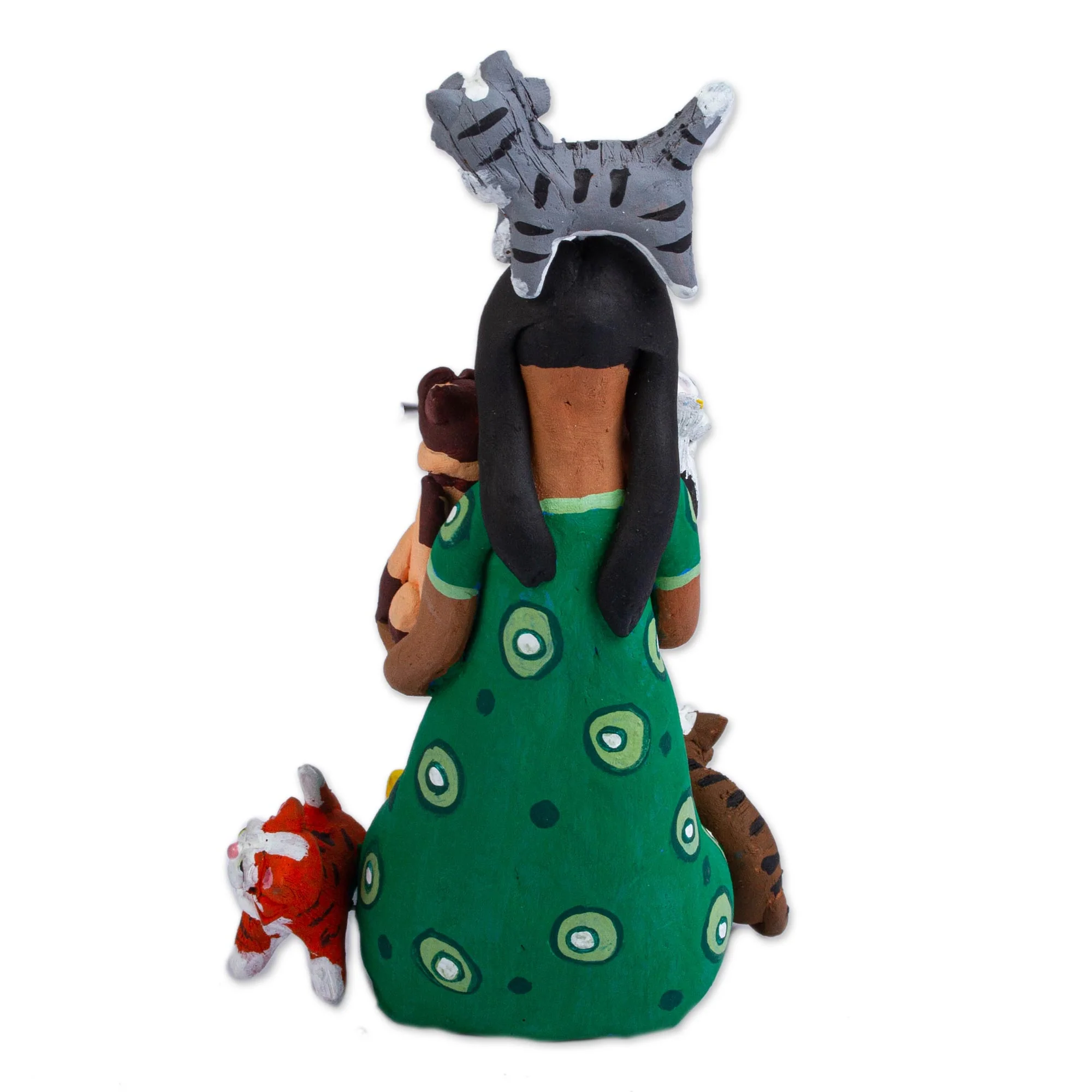 Woman with Cats in Green Ceramic Cat Woman Sculpture in Green from Mexico - Image 4
