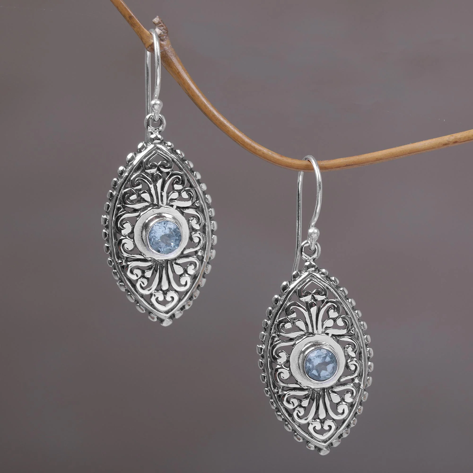 Wonderful Bali in Blue Ornate Balinese Handcrafted Silver Earrings with Blue Topaz - Image 3