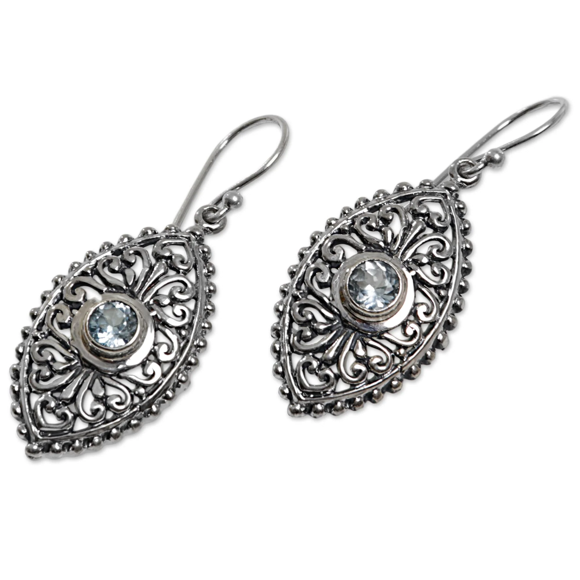 Wonderful Bali in Blue Ornate Balinese Handcrafted Silver Earrings with Blue Topaz - Image 5