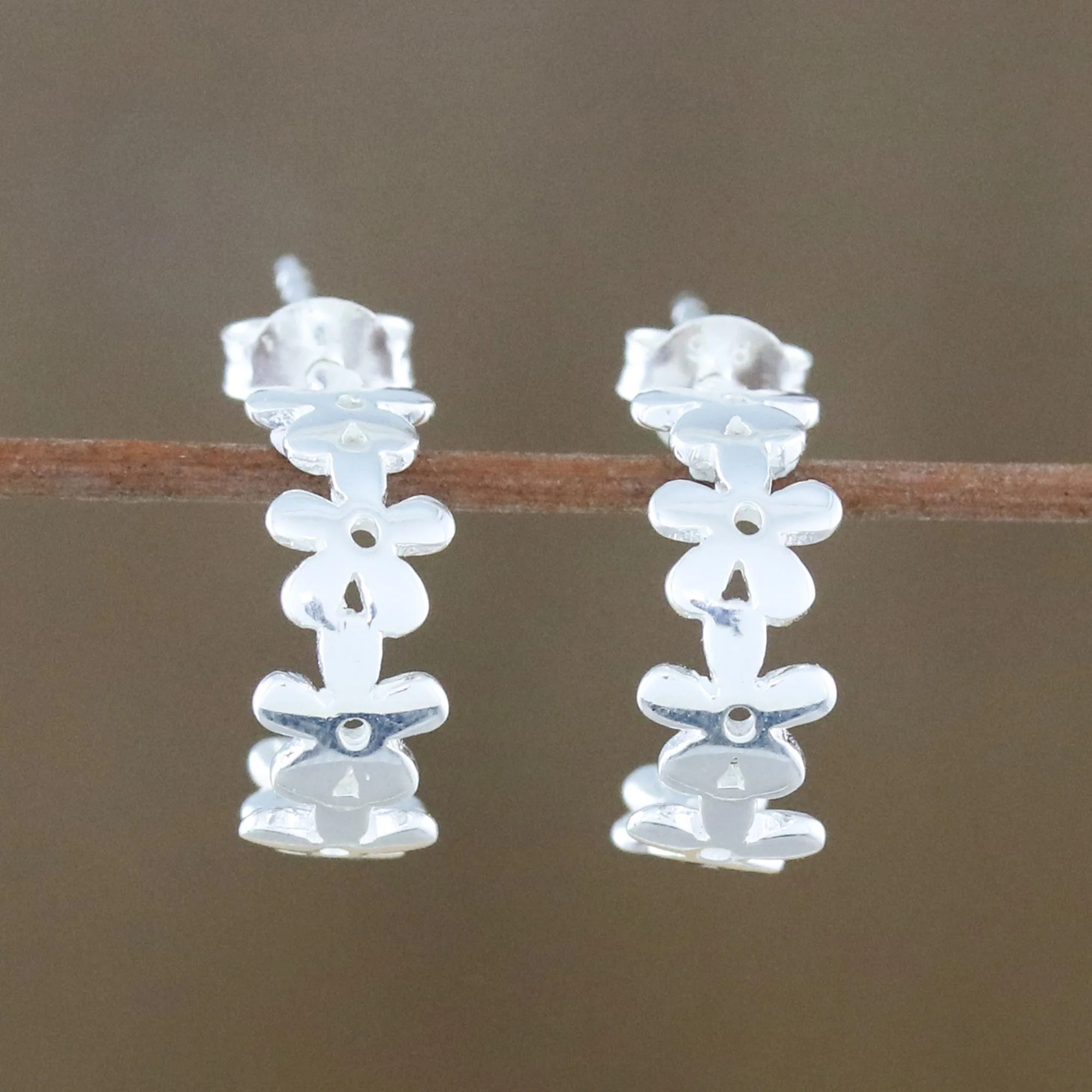 Wondrous Blossoms Handcrafted Sterling Silver Floral Half-Hoop Earrings - Image 3