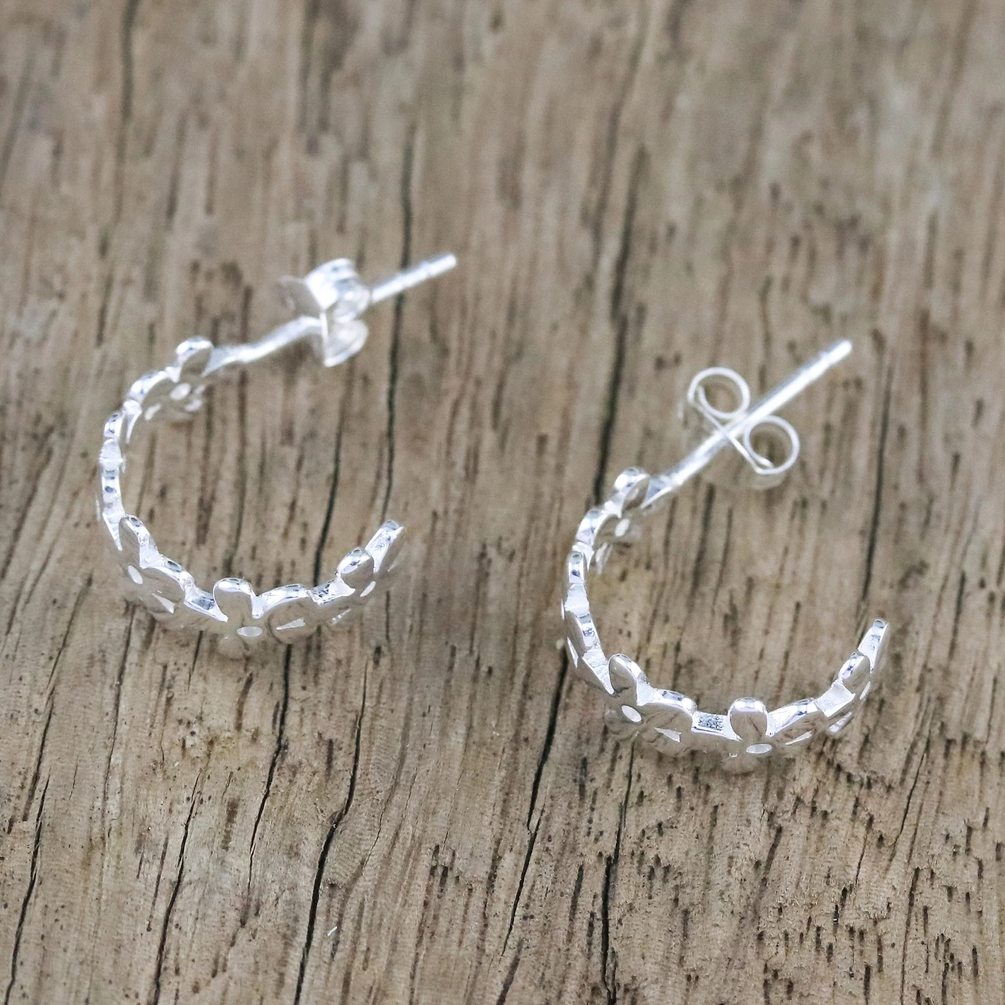 Wondrous Blossoms Handcrafted Sterling Silver Floral Half-Hoop Earrings - Image 4
