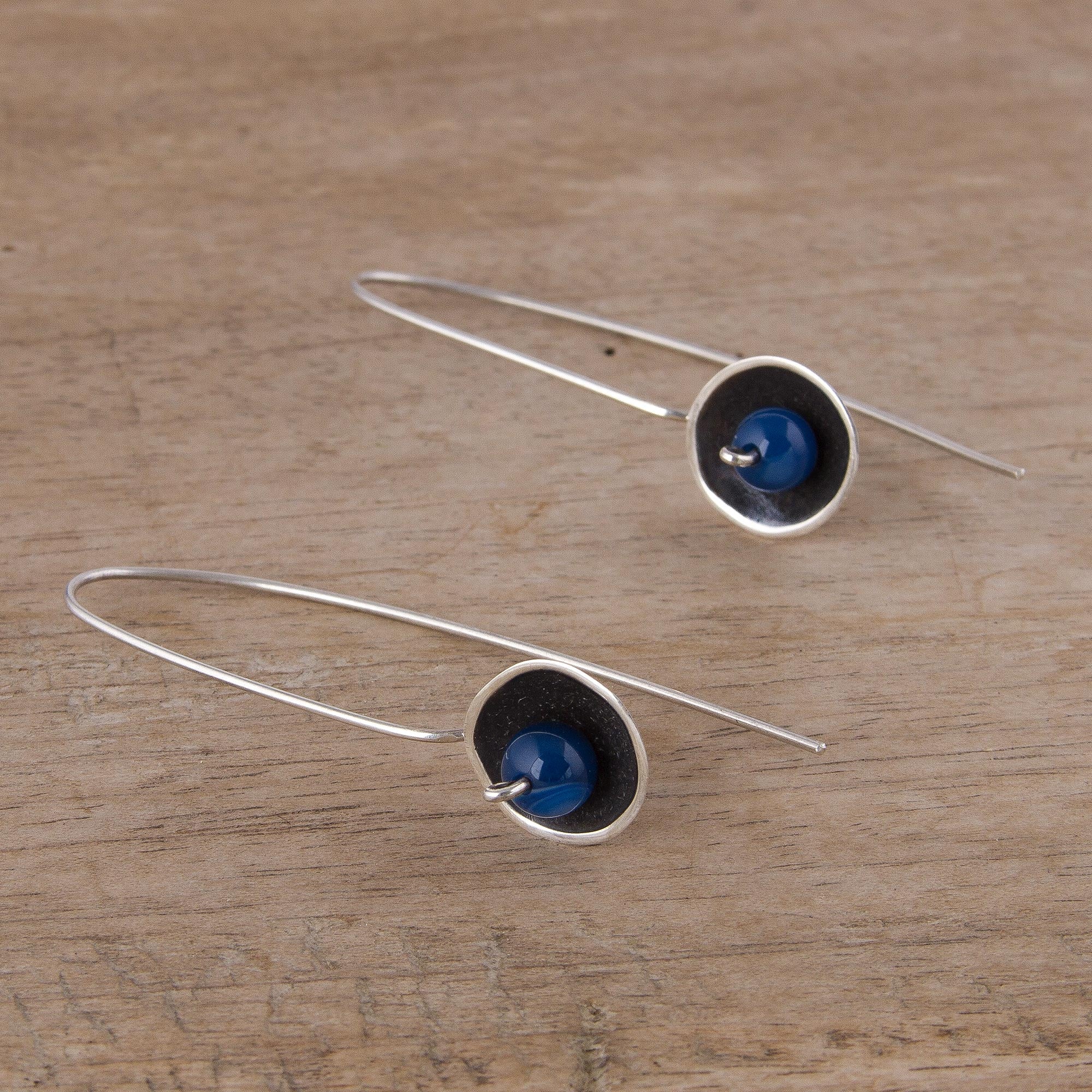 Wondrous Galaxy in Blue Blue Agate and Sterling Silver Drop Earrings from Peru - Image 3