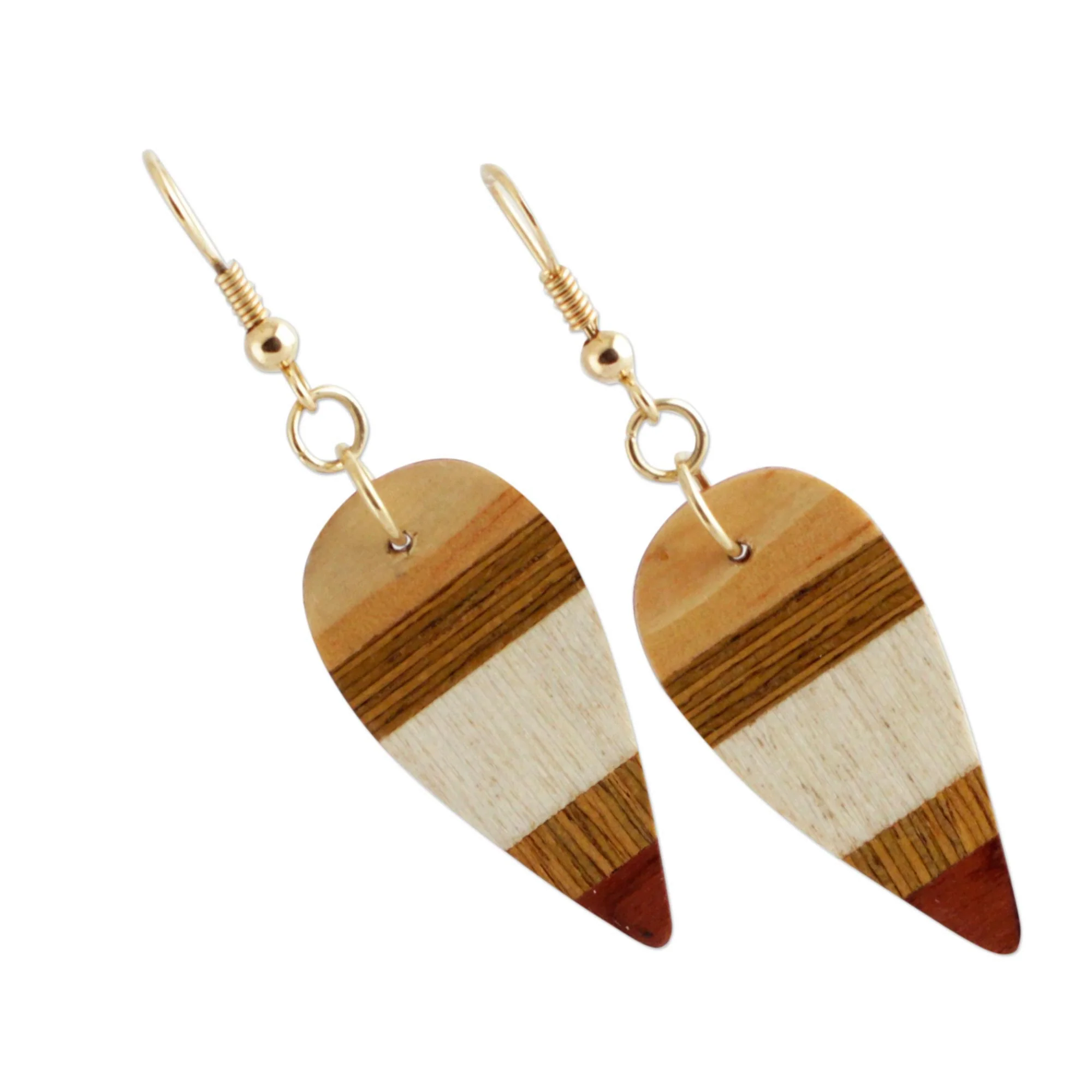 Woodland Leaves Striped Wood Dangle Earrings from Brazil - Image 5