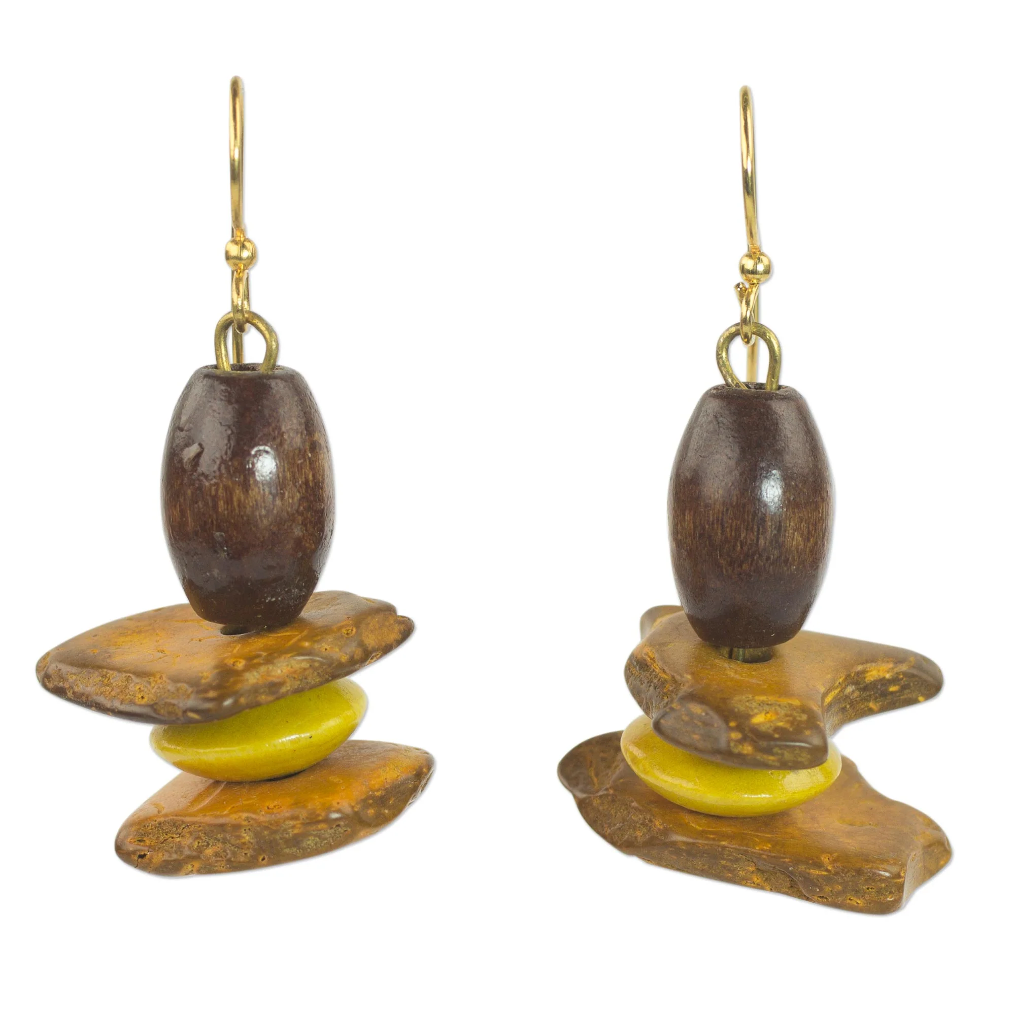 Yellow Prosperity Sese Wood and Coconut Shell Dangle Earrings from Ghana - Image 2