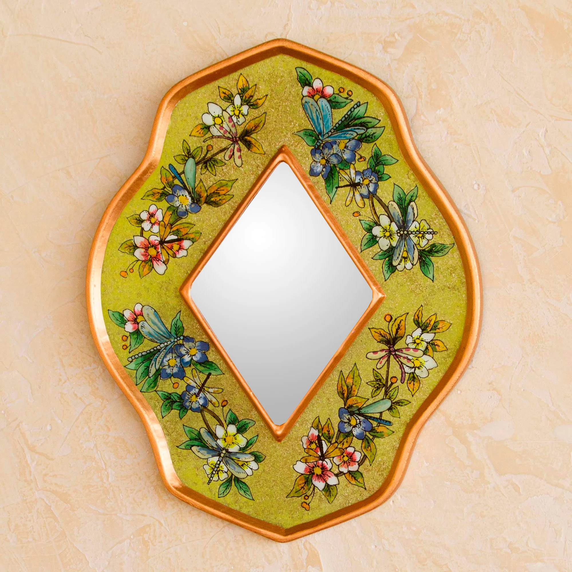 Yellow Summer Garden Andean Handcrafted Reverse Painted Glass Wall Mirror