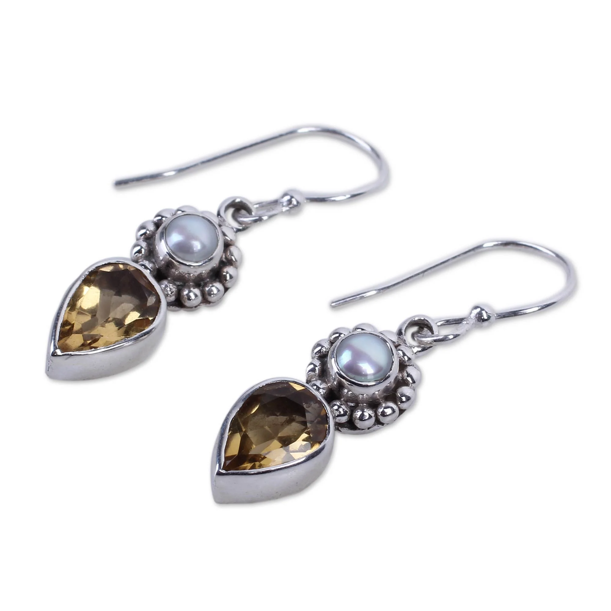 Yellow Tear Sterling Silver Earrings with Citrine and Cultured Pearl - Image 3