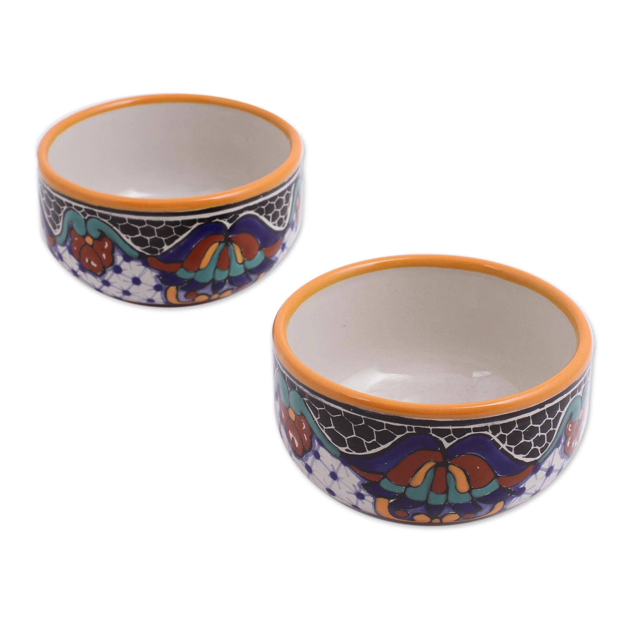 Zacatlan Flowers Hand-Painted Ceramic Bowls from Mexico (Pair) - Image 3