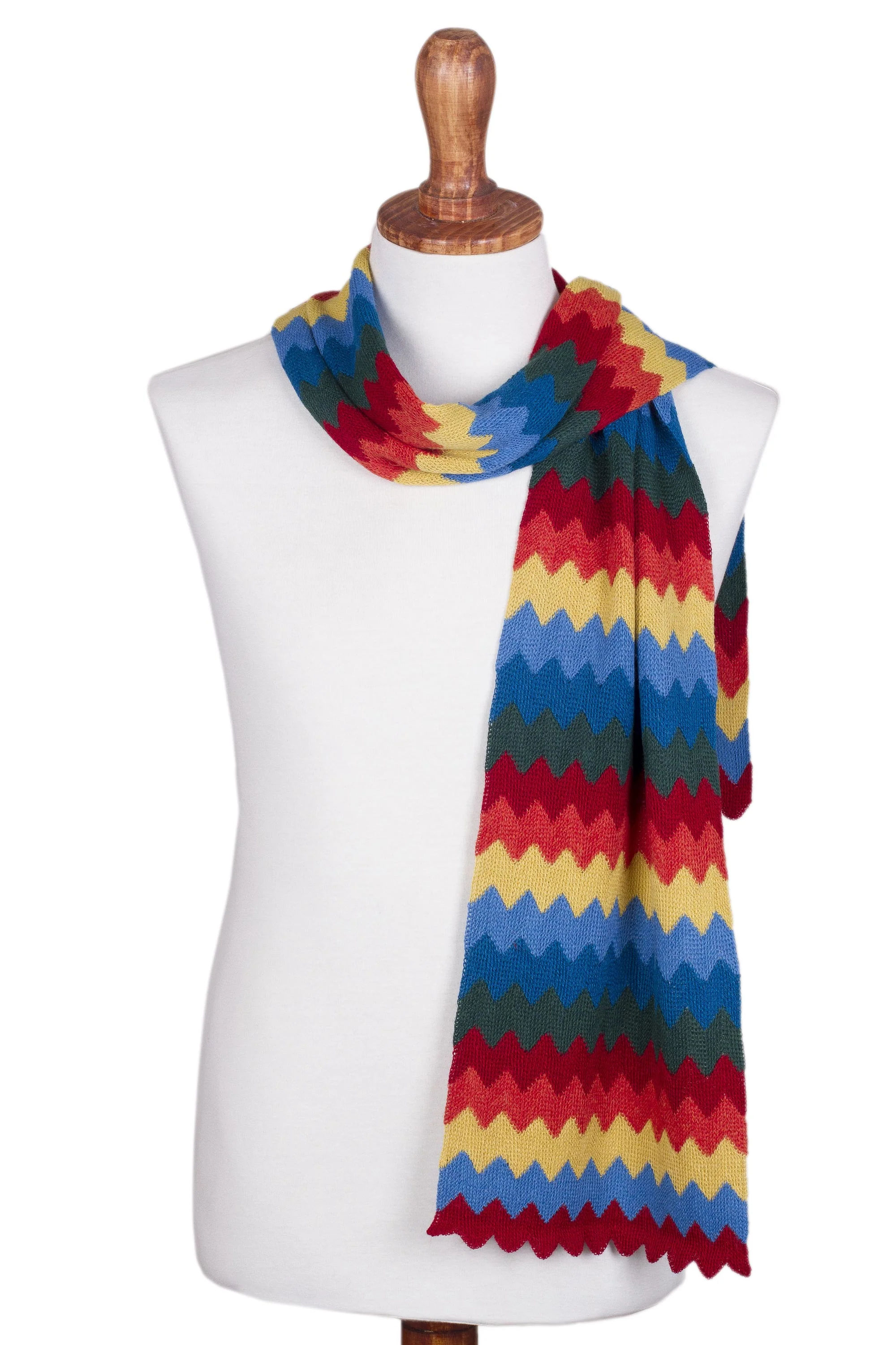 Zigzag Rainbow Multicolored Zigzag Striped Alpaca Blend Scarf from Peru - Image 2