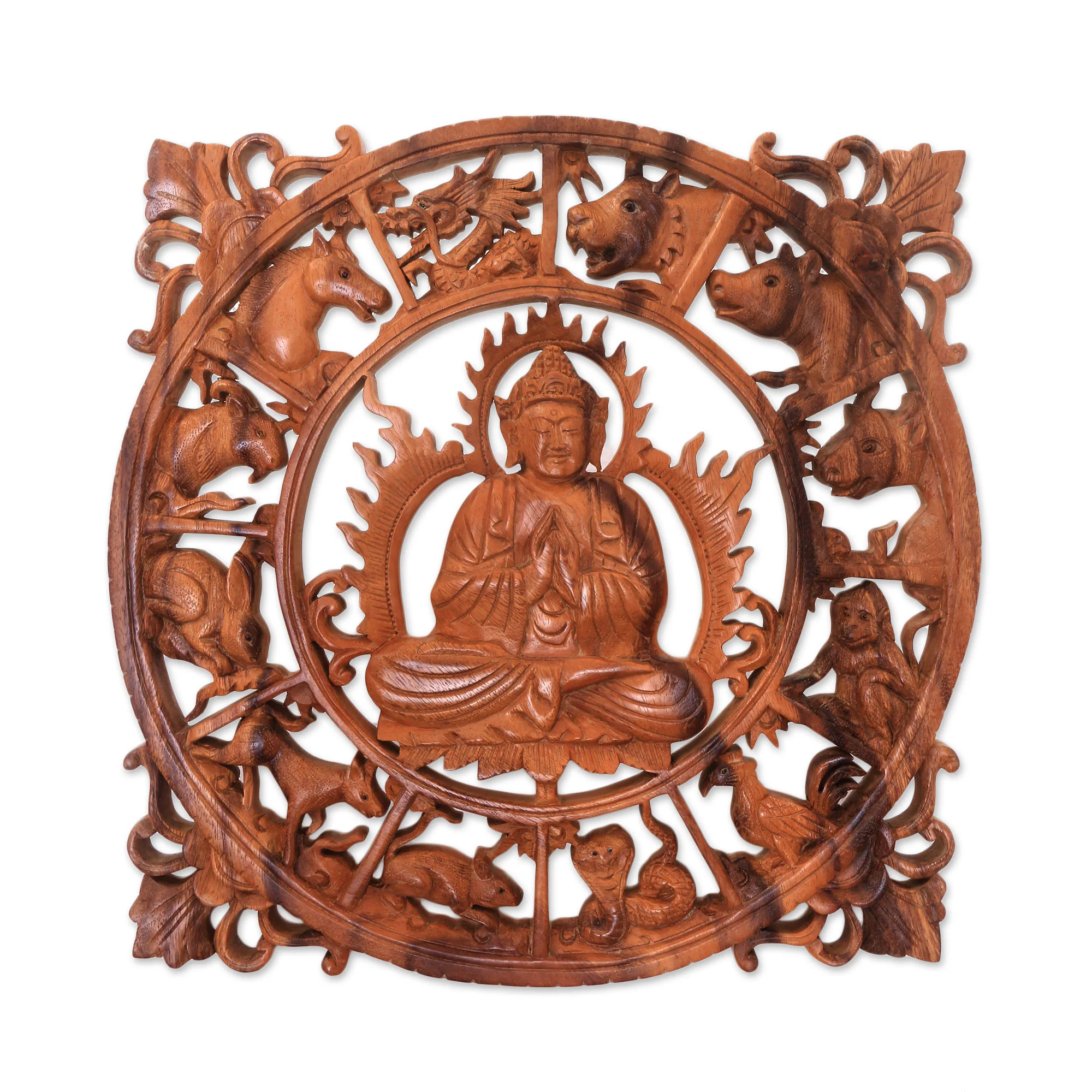 Zodiac Buddha Zodiac-Themed Buddha Wood Relief Panel from Bali - Image 2